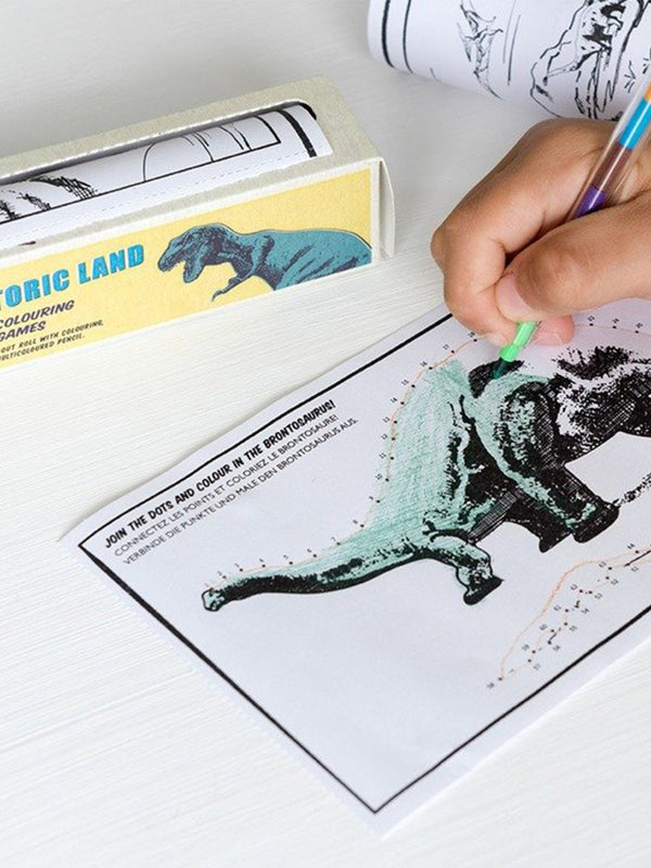 Travel games and coloring pages on a roll prehistoric land