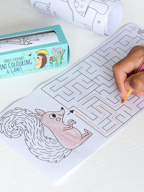 Travel games and coloring pages on a roll forest friends