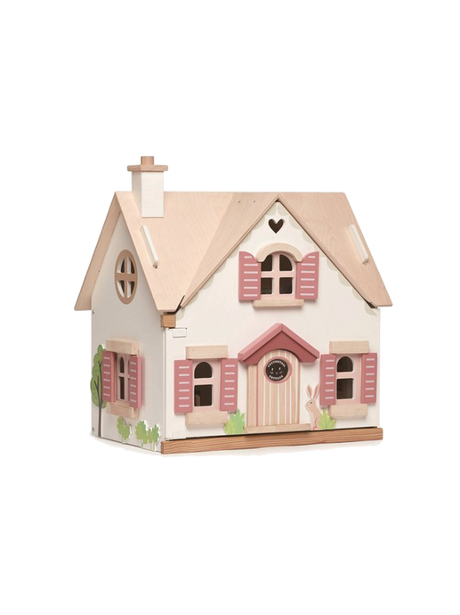 Wooden two-story dollhouse with equipment