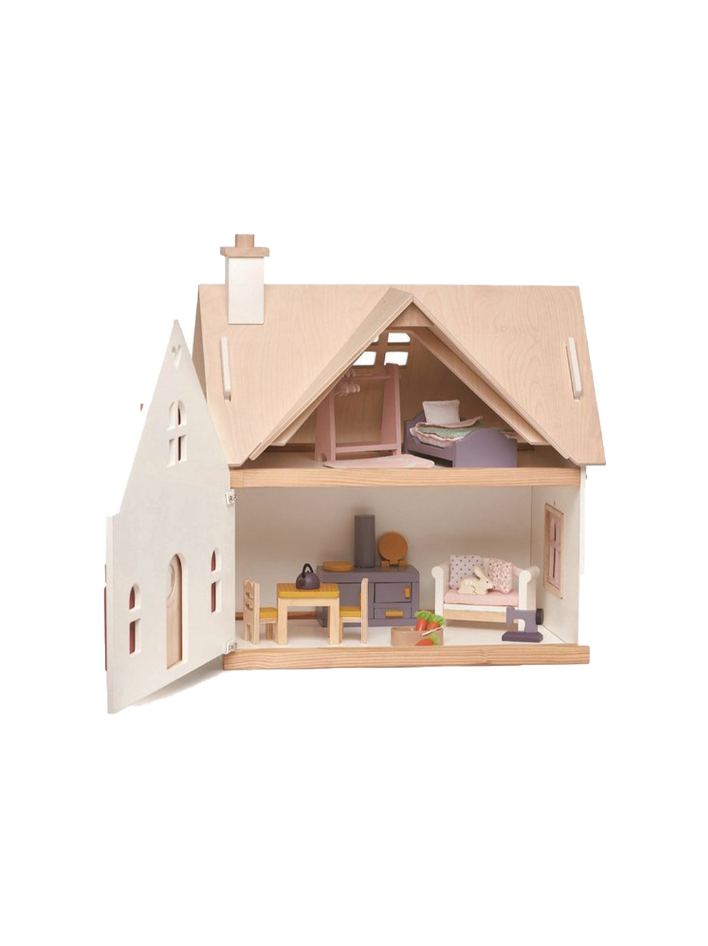 Wooden two-story dollhouse with equipment