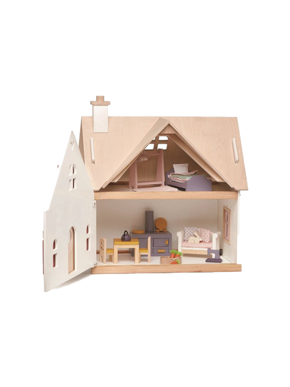 Casa delle bambole in legno a due piani con attrezzatura
