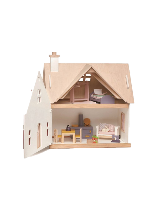 Casa de muñecas de madera de dos pisos con equipamiento.