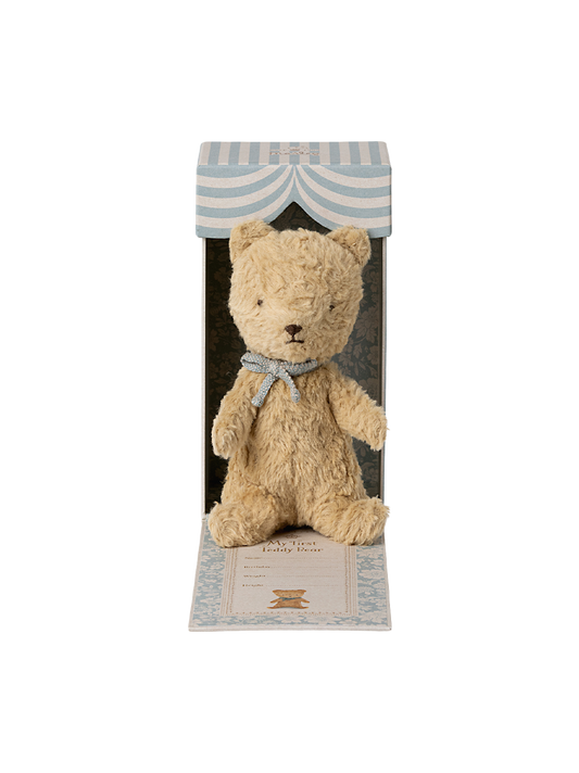 The first teddy bear in a gift box