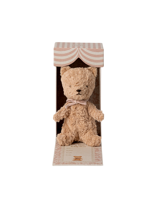 The first teddy bear in a gift box