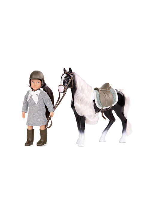 Un pequeño muñeco jockey con un caballo. ansley & arabel