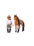 Un pequeño muñeco jockey con un caballo.