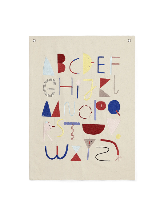 Fabric embroidered poster with the alphabet