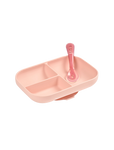 a set of silicone dishes a three-part plate with a suction cup + a teaspoon pink
