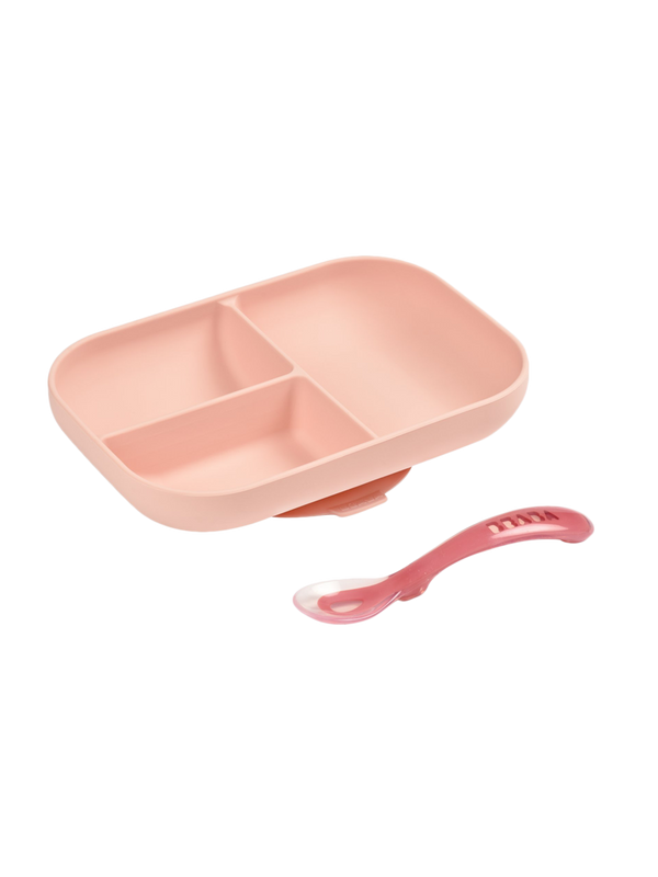 a set of silicone dishes a three-part plate with a suction cup + a teaspoon pink