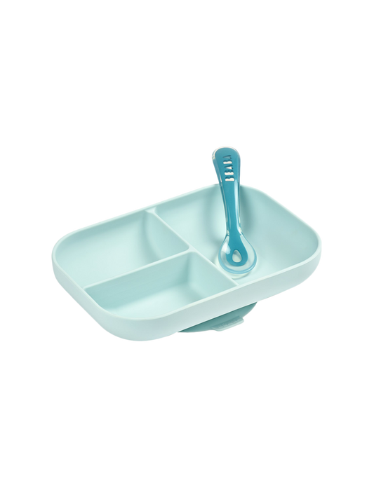 a set of silicone dishes a three-part plate with a suction cup + a teaspoon