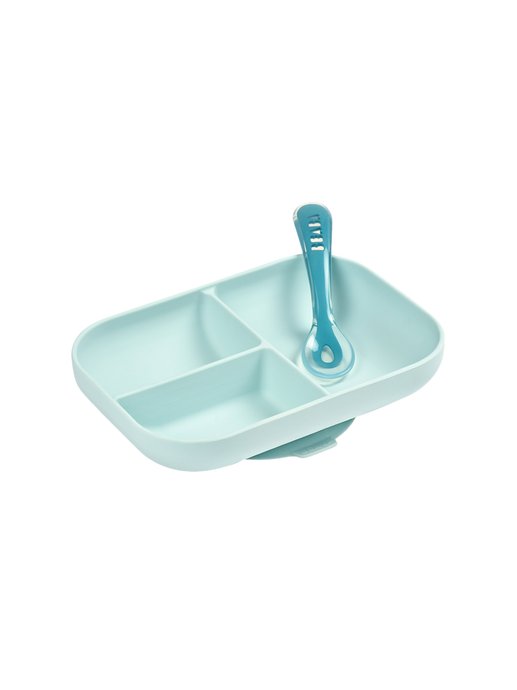 a set of silicone dishes a three-part plate with a suction cup + a teaspoon blue