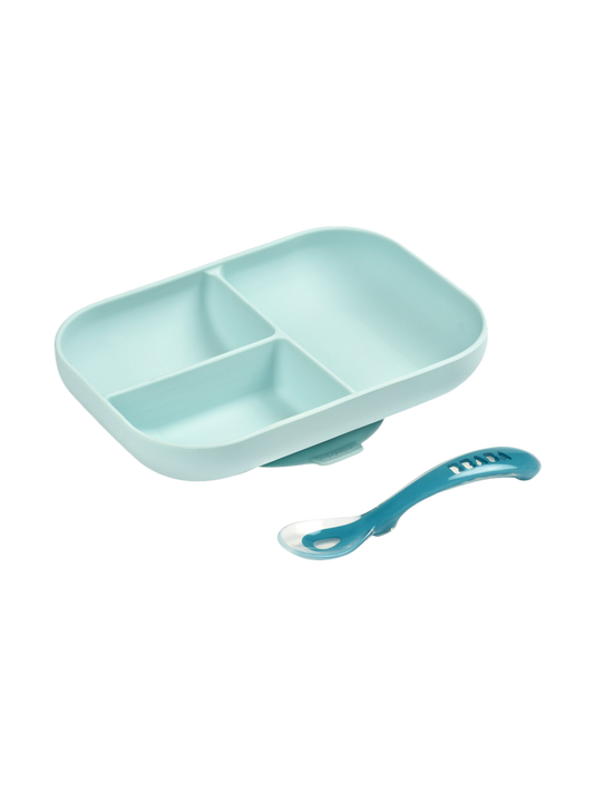 a set of silicone dishes a three-part plate with a suction cup + a teaspoon