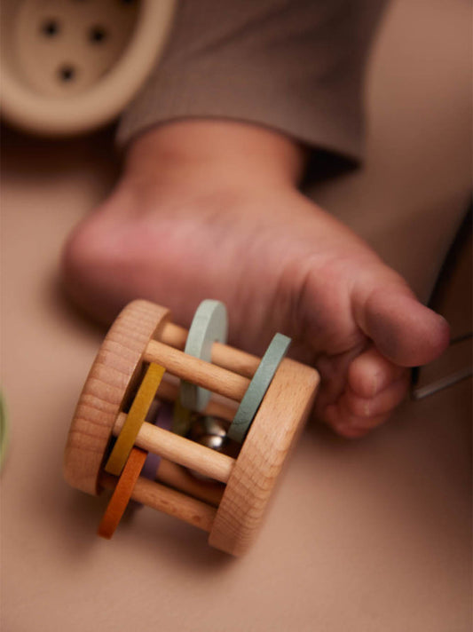 Giocattoli sensoriali in legno in una custodia