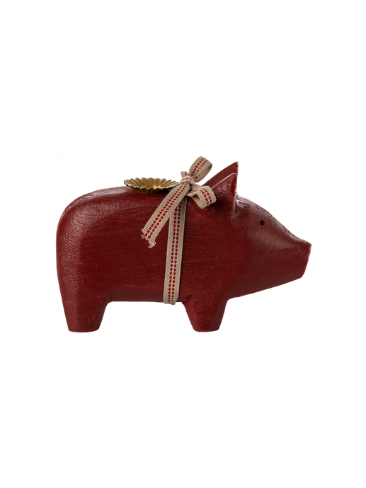 Wooden pig candle holder Small red