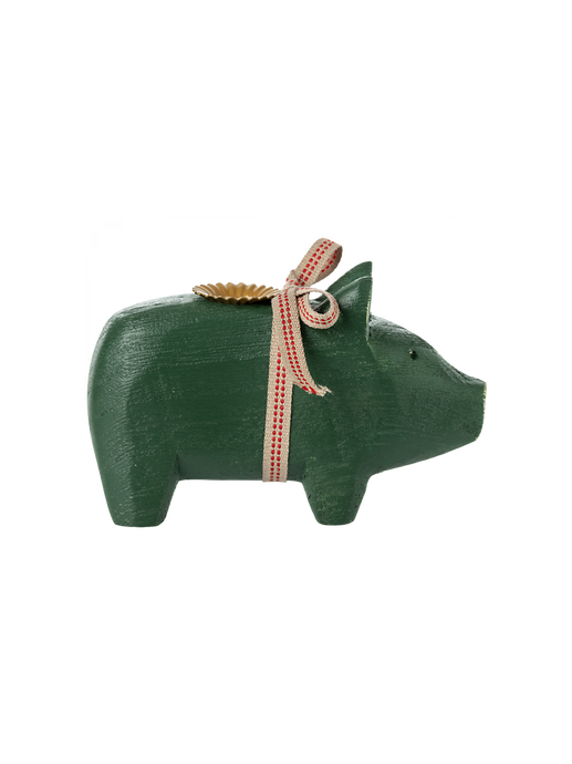 Wooden pig candle holder Small dark green