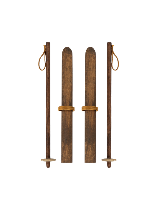 Miniature wooden ski and poles set