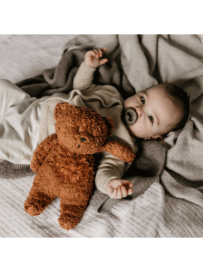 Osito de peluche orgánico tarareando con una lámpara de noche