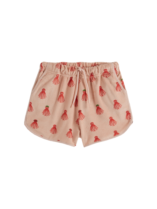Short shorts in terry fabric with a print crepe octopus rouge