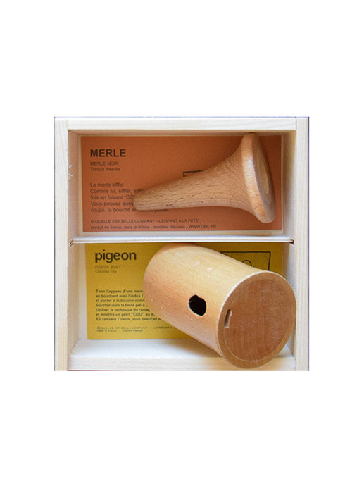 set of wooden instruments to imitate the sounds of birds town garden