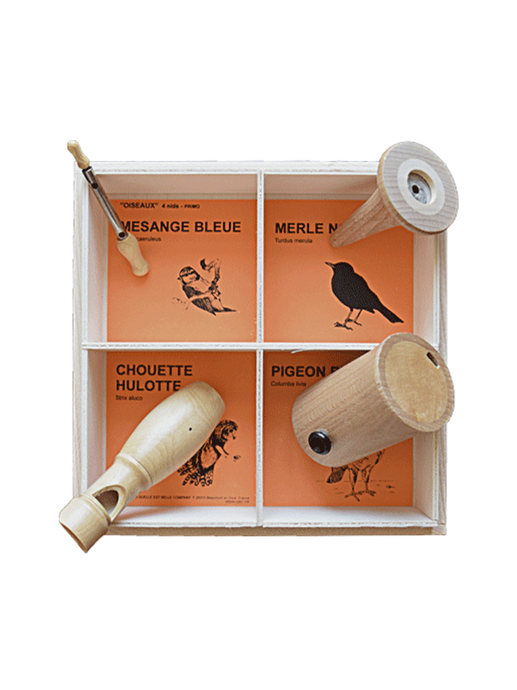set di strumenti in legno per imitare i suoni degli uccelli