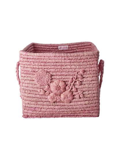 Flower embroidery raffia storage basket