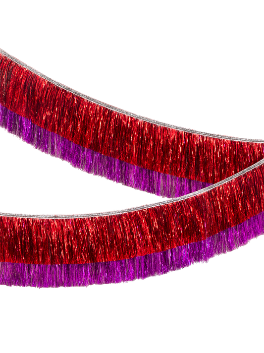 Guirnalda de flecos de oropel rojo y rosa