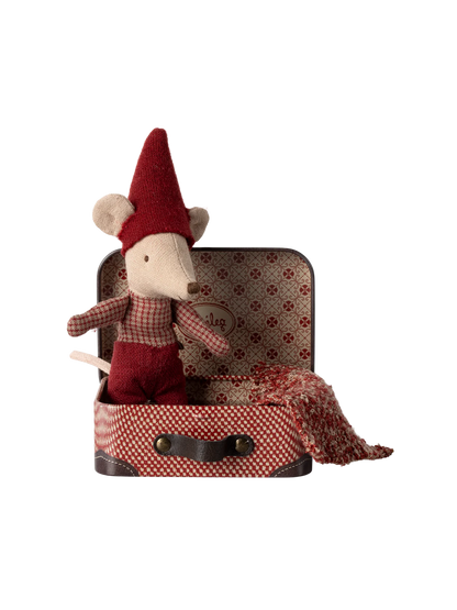 Miniature christmas baby mouse in suitcase