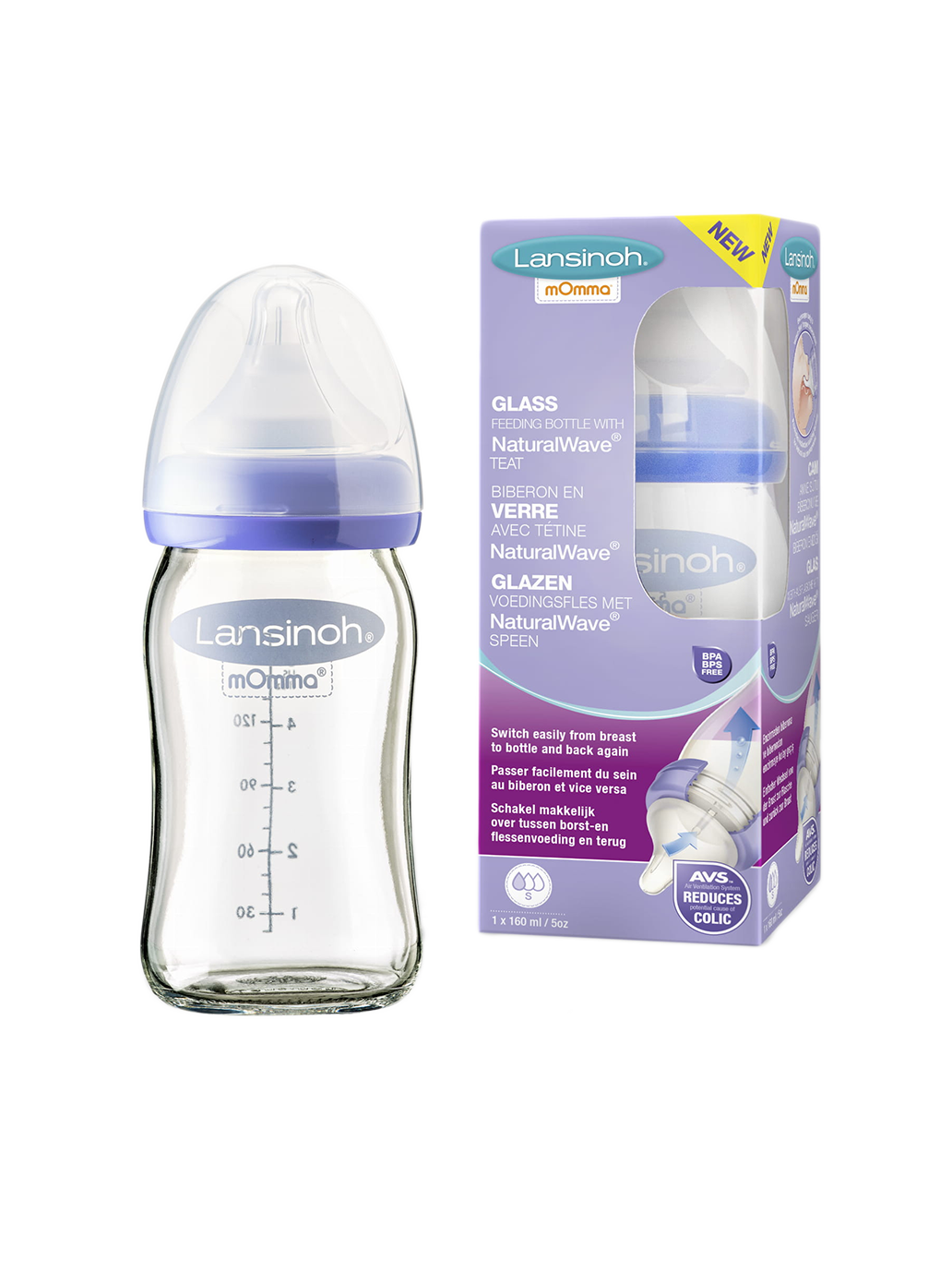 mOmma glass bottle with Natural Wave® teat