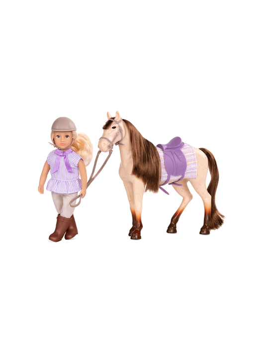 Una piccola bambola fantino con un cavallo marjorie & maple