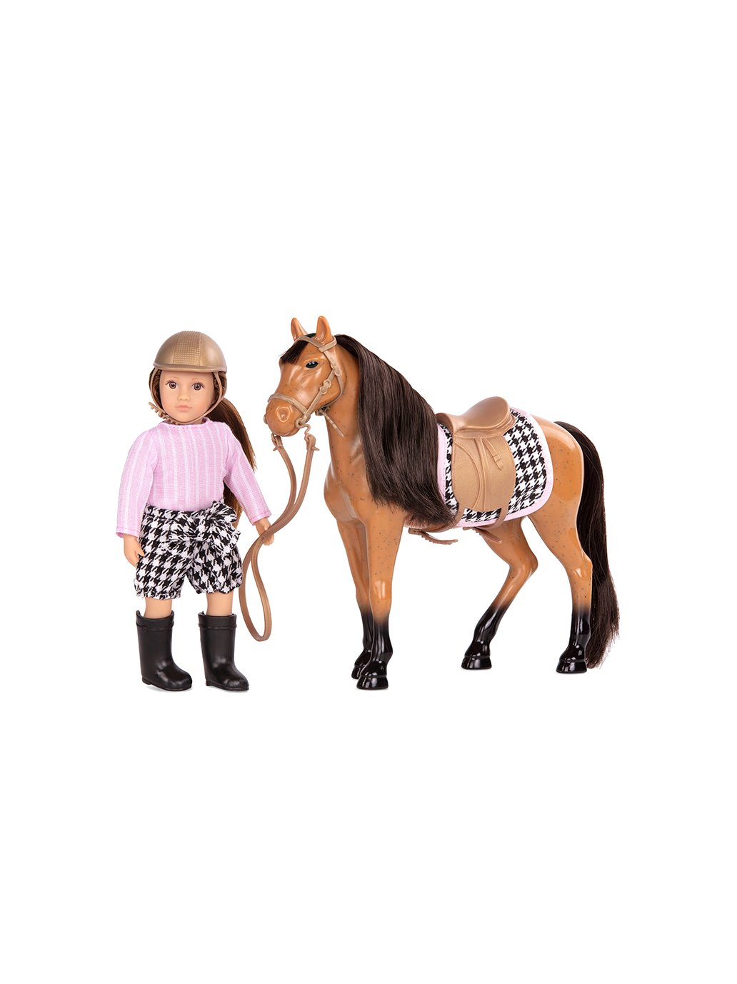 Una piccola bambola fantino con un cavallo 