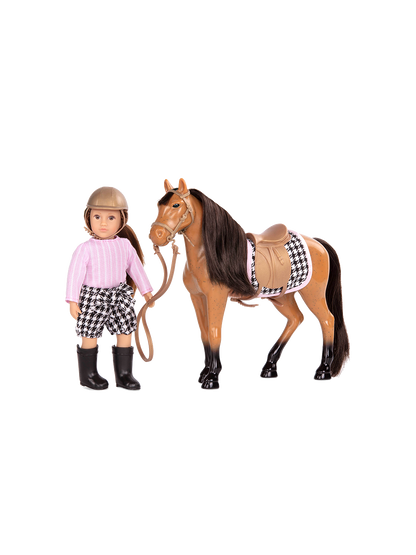 Una piccola bambola fantino con un cavallo 