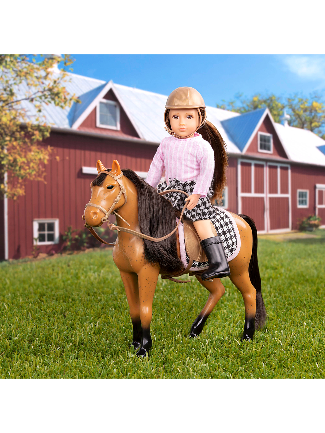 Un pequeño muñeco jockey con un caballo. 