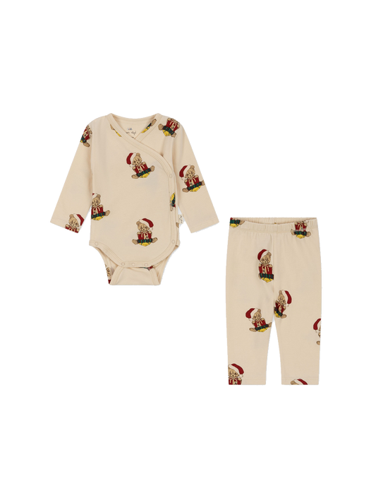 Conjunto recién nacido pijama navideño cuerpo cruzado y pantalón 