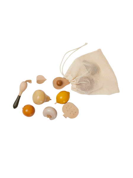 wooden fruits and vegetables in a bag
