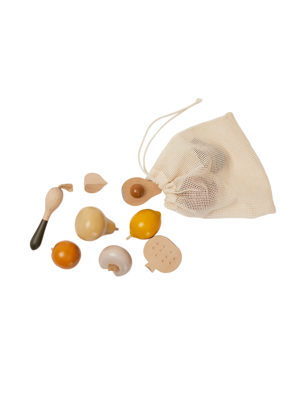 wooden fruits and vegetables in a bag