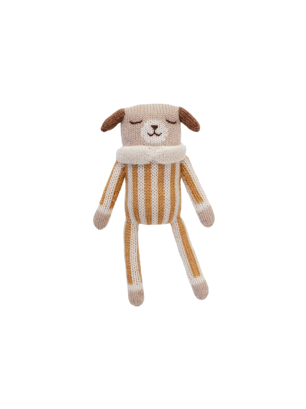 soft alpaca cuddly toy puppy ochre striped jumpsuit