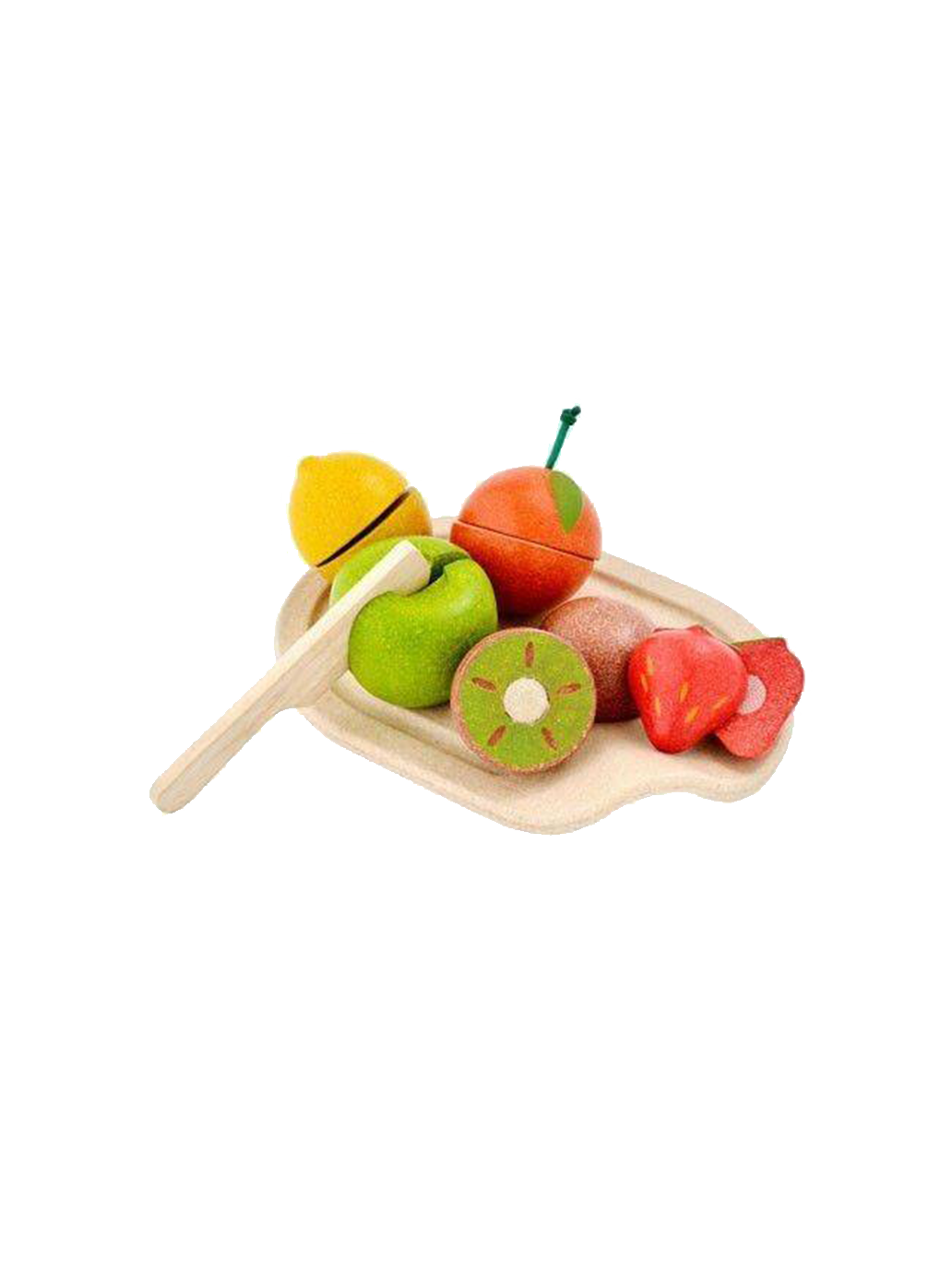 set of wooden fruits with cutting board