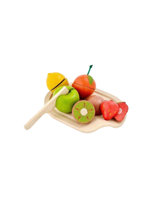 set of wooden fruits with cutting board